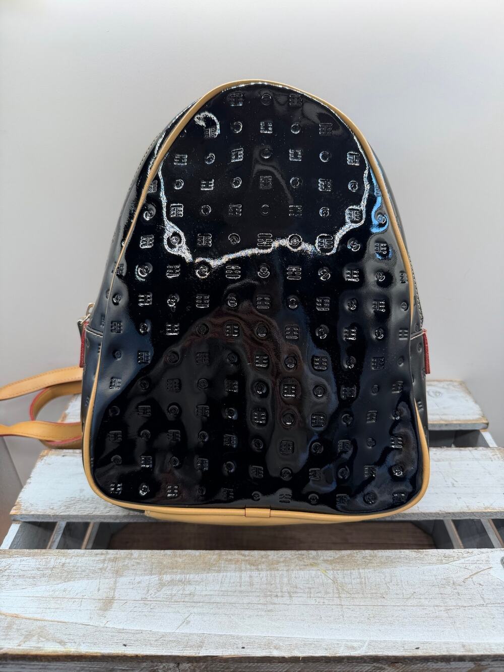 Arcadia Italian Black Patent Leather Logo Embossed Backpack/Purse-Made In Italy⁠